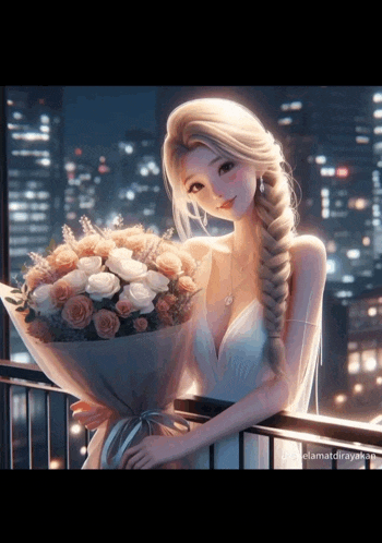 a woman in a white dress holds a bouquet of flowers