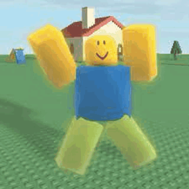 a roblox character is standing in a field with his arms outstretched in front of a house .