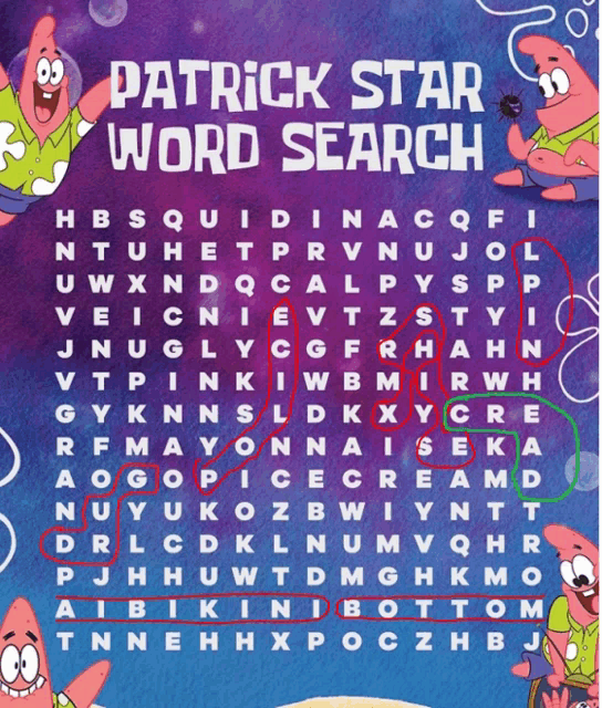 a patrick star word search with patrick and squidward on it