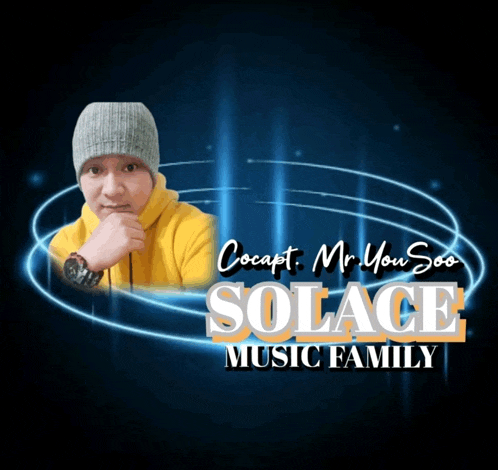 a poster for solace music family with a man in a yellow sweatshirt