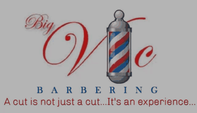 a logo for big vic barbering shows a barber pole