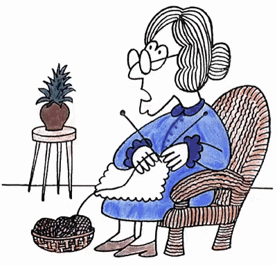 a cartoon of an elderly woman knitting while sitting in a chair