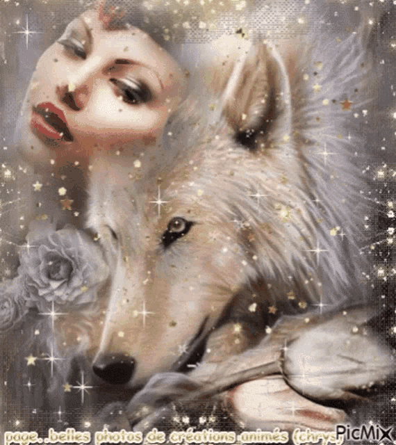 a painting of a woman and a wolf with the words page belles photos de creations animes written below it