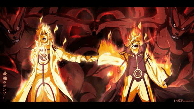 a couple of anime characters are standing next to each other in front of a fire .