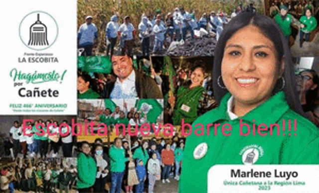 a woman in a green shirt stands in front of a collage of people