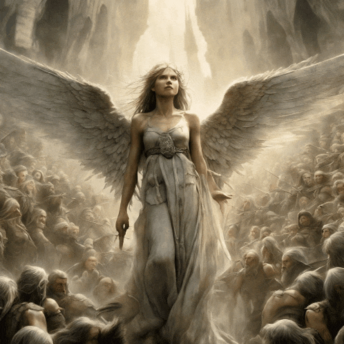 a painting of a woman with angel wings standing in front of a crowd of people