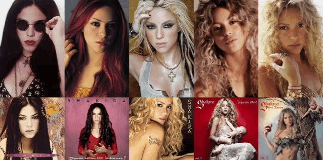 a collage of shakira 's album covers showing different looks and hairstyles