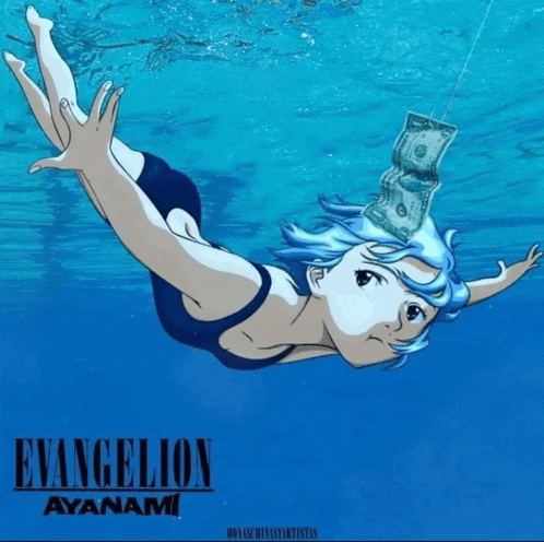 a poster for evangelion ayanami with a girl swimming in the water