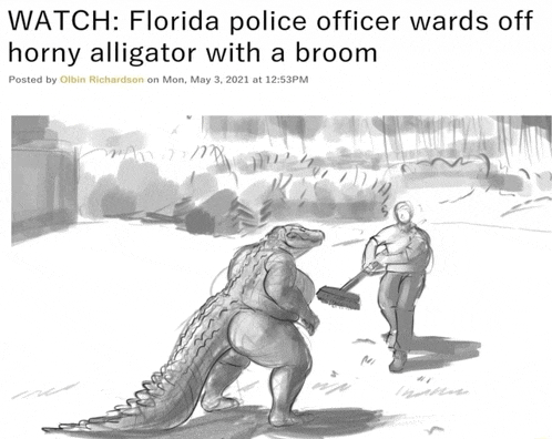 a black and white drawing of an alligator and a police officer