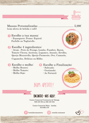 a menu for a restaurant in portuguese with a picture of spaghetti on it