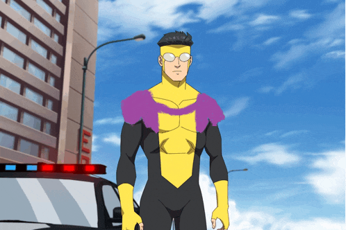 a cartoon of a man in a yellow and purple superhero costume standing in front of a police car