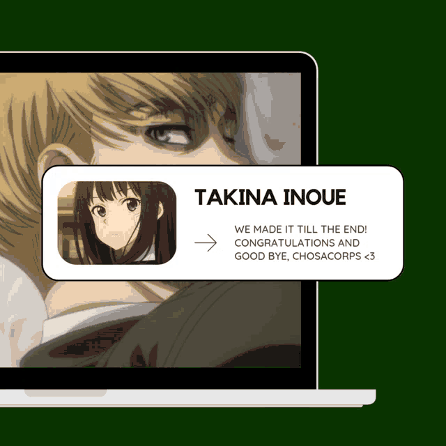 a laptop screen with a picture of a girl and the words takina inoue on it