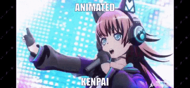 a girl wearing headphones is singing into a microphone with the words animated kenpai written on the bottom