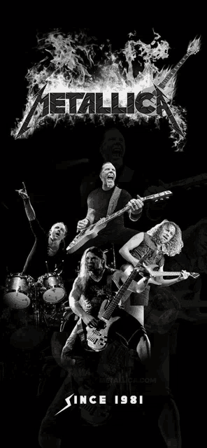 a black and white poster for metallica shows the band on stage