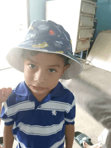 a young boy wearing a hat and a striped shirt with a lion on it