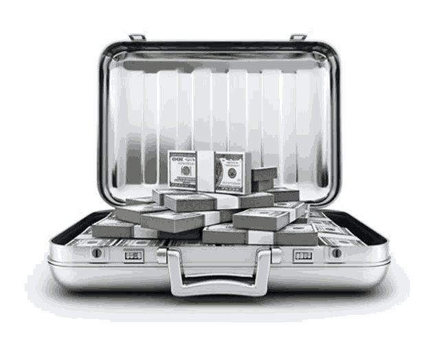 a silver briefcase is filled with stacks of money .