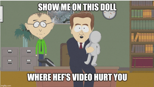 a cartoon of a man holding a doll with the caption show me on this doll