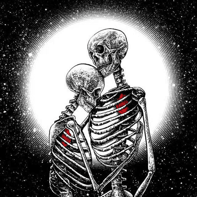 a couple of skeletons kissing with a red heart on their chests