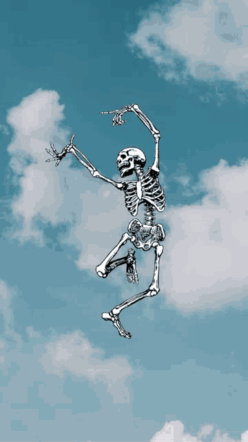 a drawing of a skeleton jumping in the air with clouds in the background