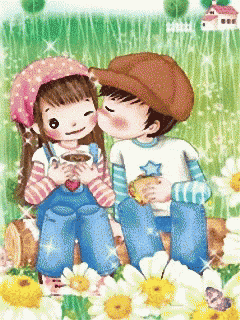 a boy and a girl are kissing in a field