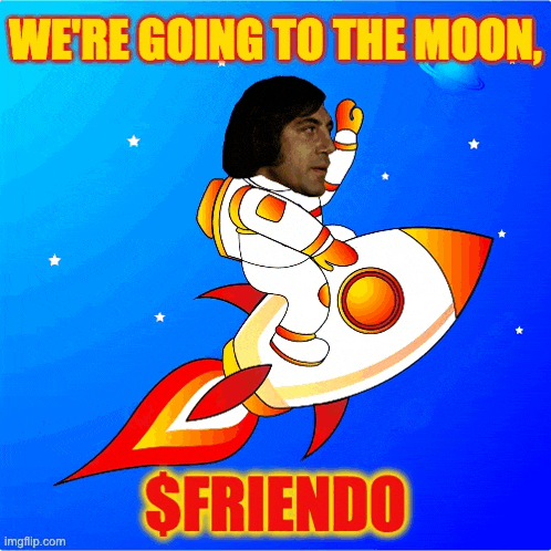 a cartoon of a man riding a rocket with the words " we 're going to the moon "