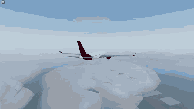 a red and white airplane is flying over a cloudy area