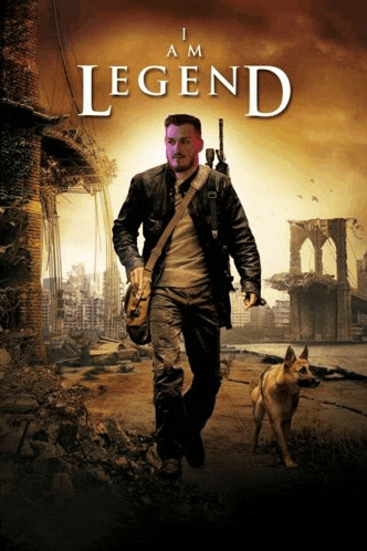 a movie poster for i am legend shows a man walking with a dog