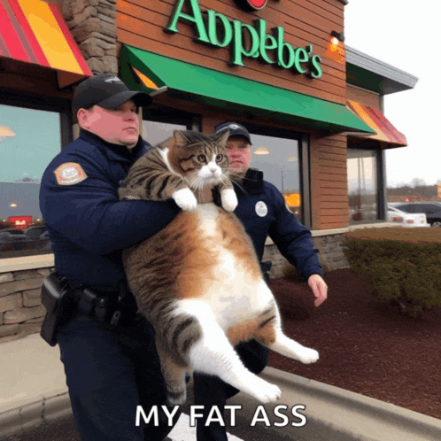 two men carrying a cat in front of an applebee 's restaurant