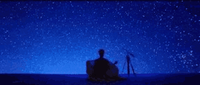 a person is sitting under a starry sky .