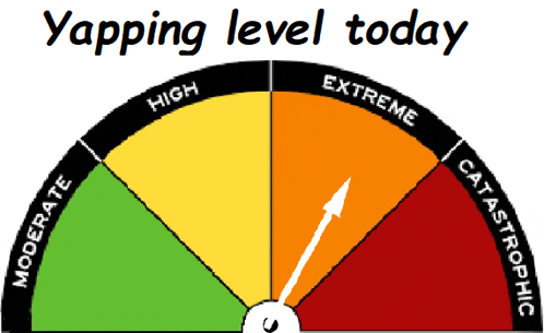 a yellow and orange circle with the words yapping level today on top