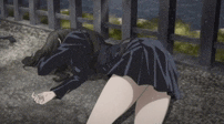 a girl in a school uniform is laying on the ground with her skirt down