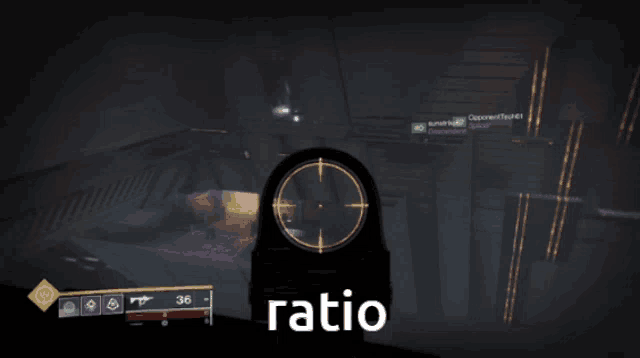 a person holding a gun in a video game with the word ratio visible