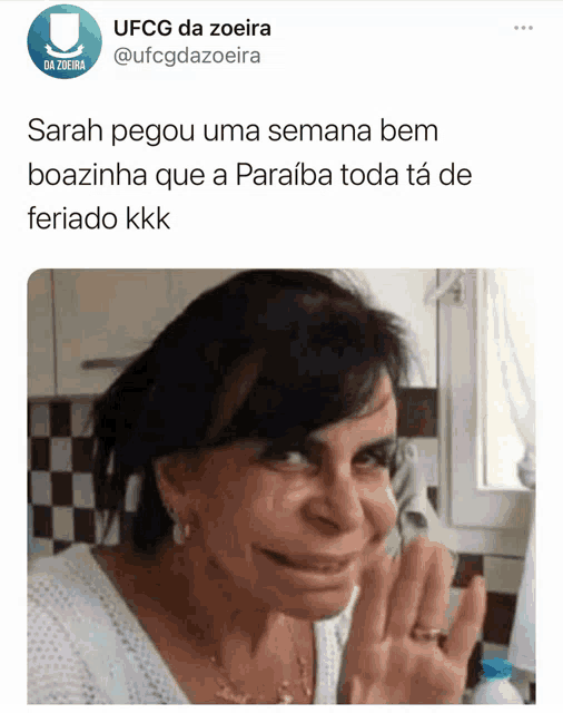 sarah pegou uma semana bem boazinha que a paraiba toda tá de feriado kkk