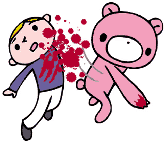 a cartoon of a pink teddy bear attacking a man with blood coming out of his neck