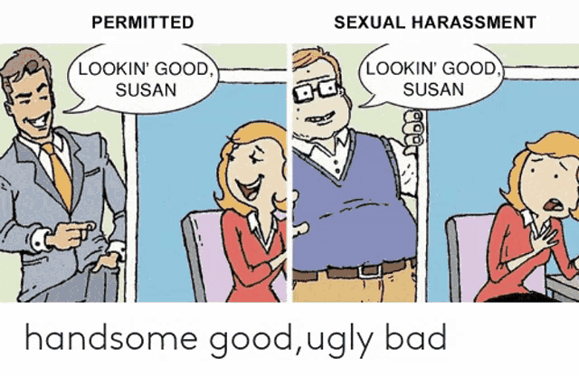 a cartoon of a man and a woman talking about sexual harrassment