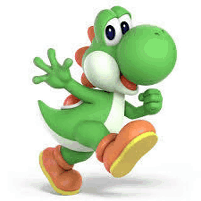 yoshi is a green dinosaur from the video game super mario bros . he is wearing orange boots and waving .