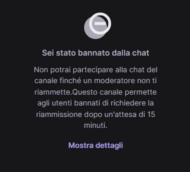 a black screen with the words sei stato bannato dalla chat below it