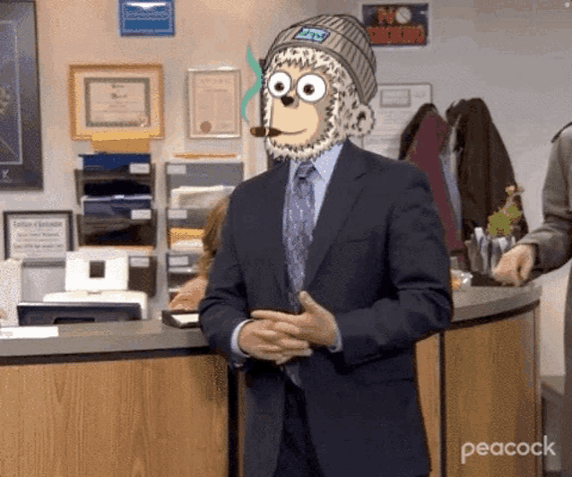 a man in a suit with a monkey mask on his face is standing in front of a counter .