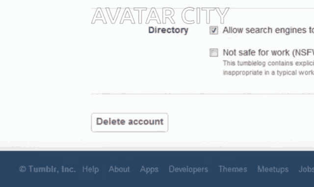 a screenshot of avatar city directory with the delete account button