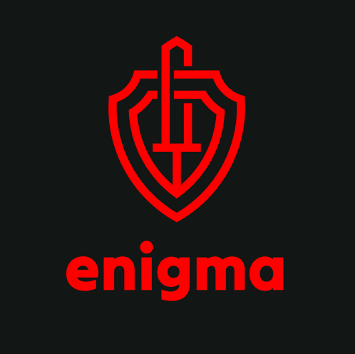 a red shield with a cross and the word enigma on a black background