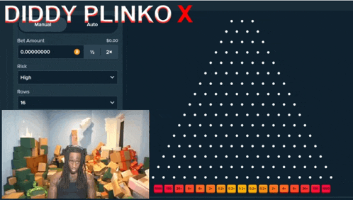 a screenshot of diddy plinko x with a man standing in front of a pile of presents