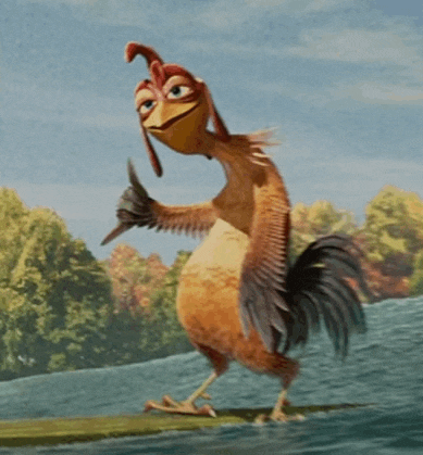 a cartoon chicken is standing on a rock near a body of water