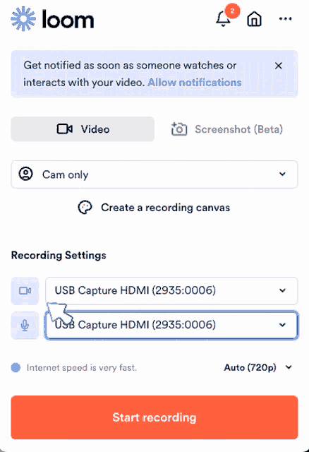 a screenshot of the loom app showing the recording settings