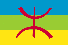 a yellow green and blue flag with a red symbol on it