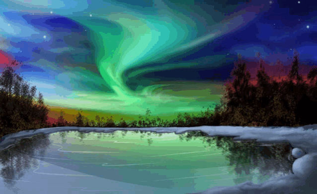 a painting of the aurora borealis over a frozen lake