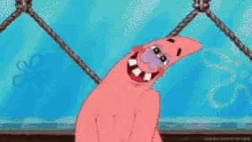 patrick star from spongebob squarepants is laughing with his mouth wide open