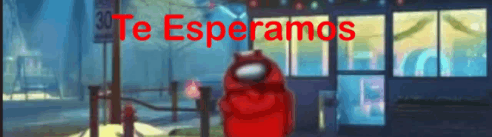 a red among us character is standing in front of a building with the words te esperamos written in red