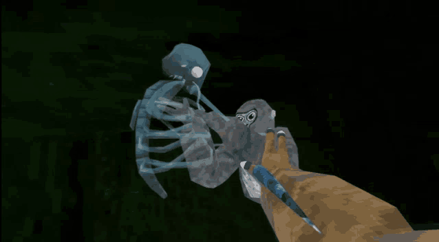 a video game character is holding a skeleton in their hands