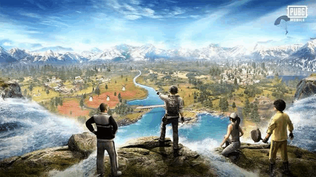 a group of people standing on top of a mountain looking at a river and mountains in a game called pubg mobile