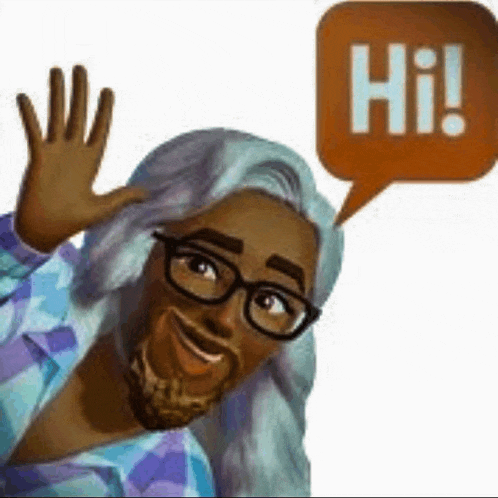 a cartoon man with glasses and a beard is waving his hand with a speech bubble that says hi .